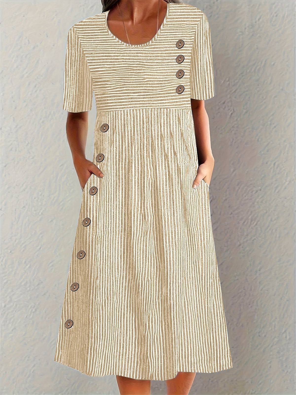 Women's Striped Button-Detail Midi Dress with Pockets