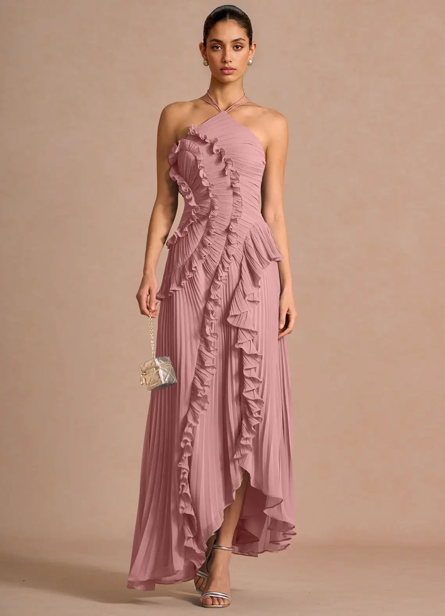 Adalyn | Womens Halter Neck Ruffle Maxi Dress