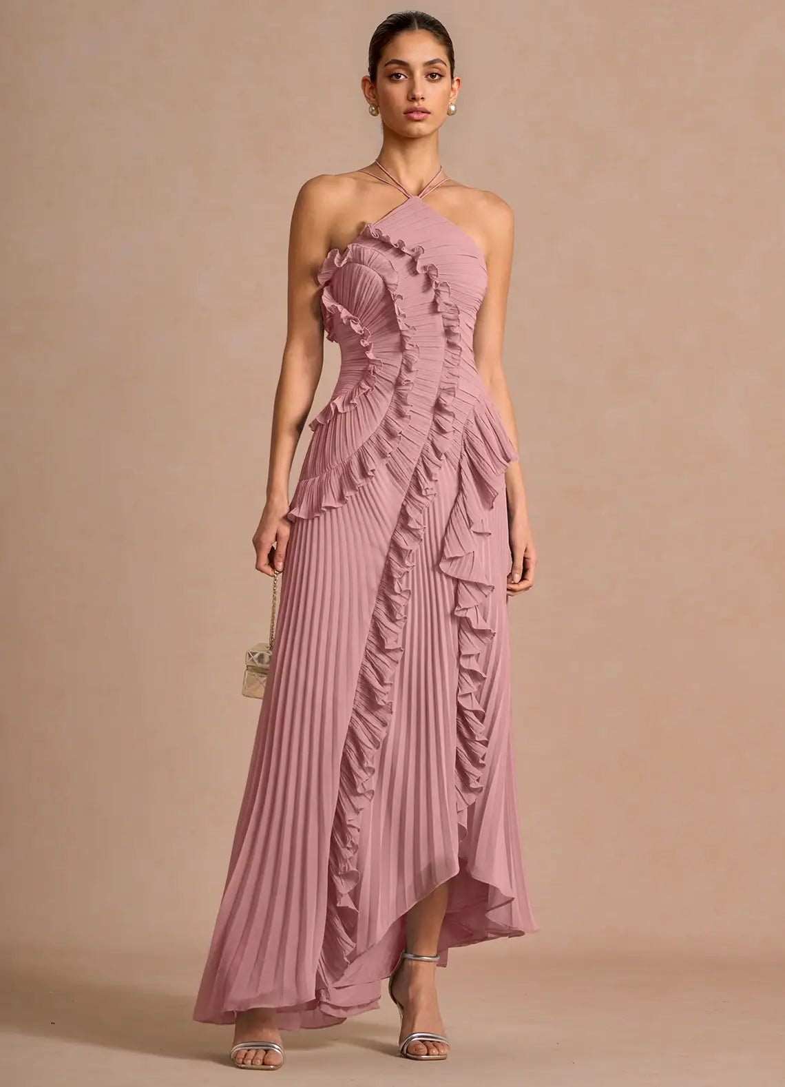 Adalyn | Womens Halter Neck Ruffle Maxi Dress