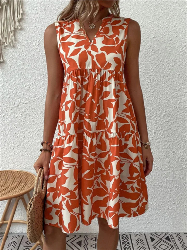 Ivy | Womens Botanical Leaf Print Sleeveless Tiered Dress