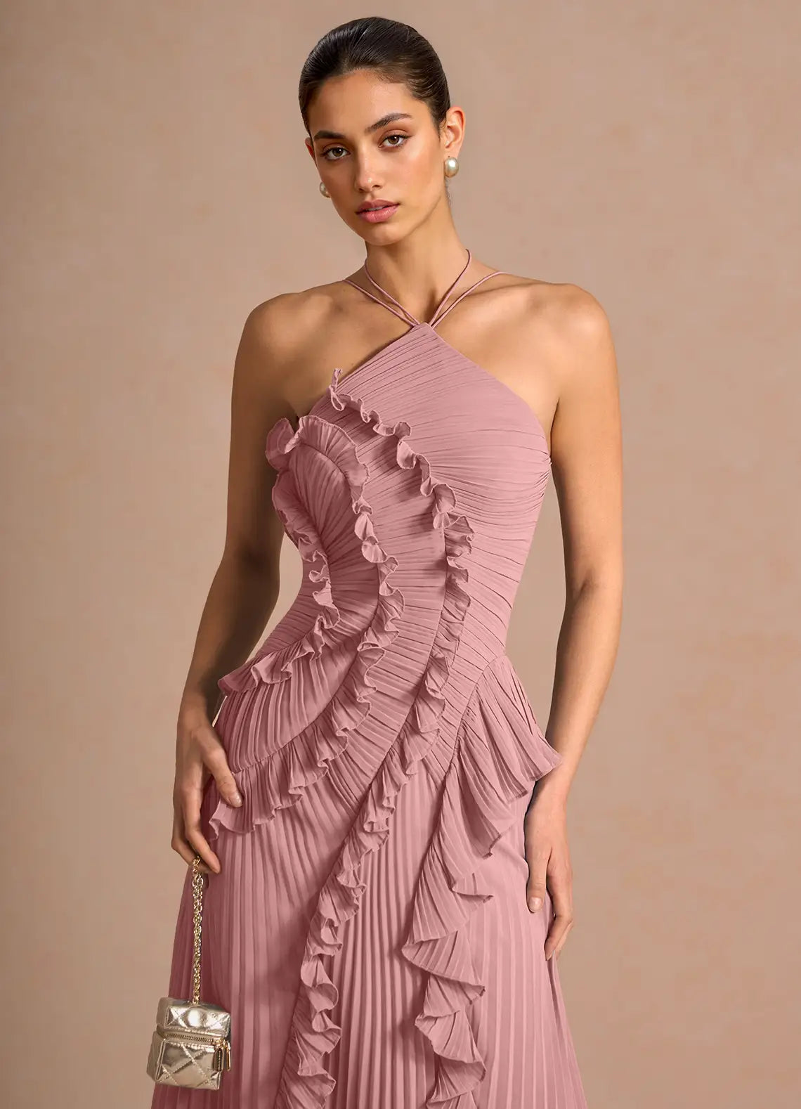 Adalyn | Womens Halter Neck Ruffle Maxi Dress