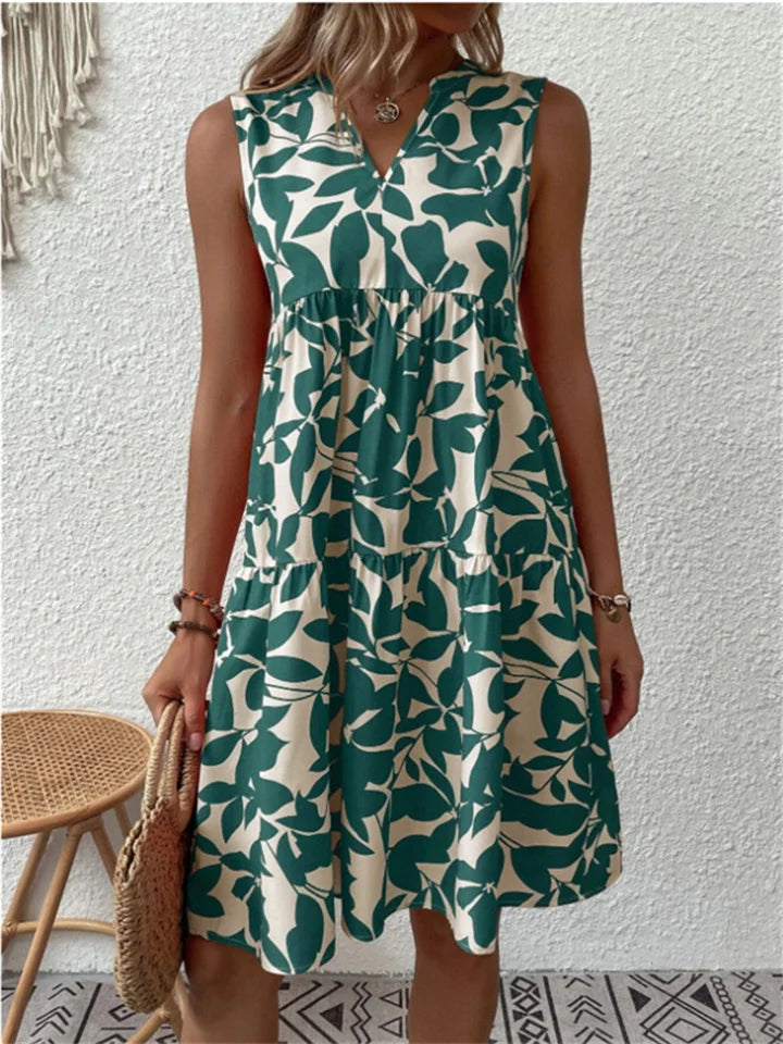 Ivy | Womens Botanical Leaf Print Sleeveless Tiered Dress
