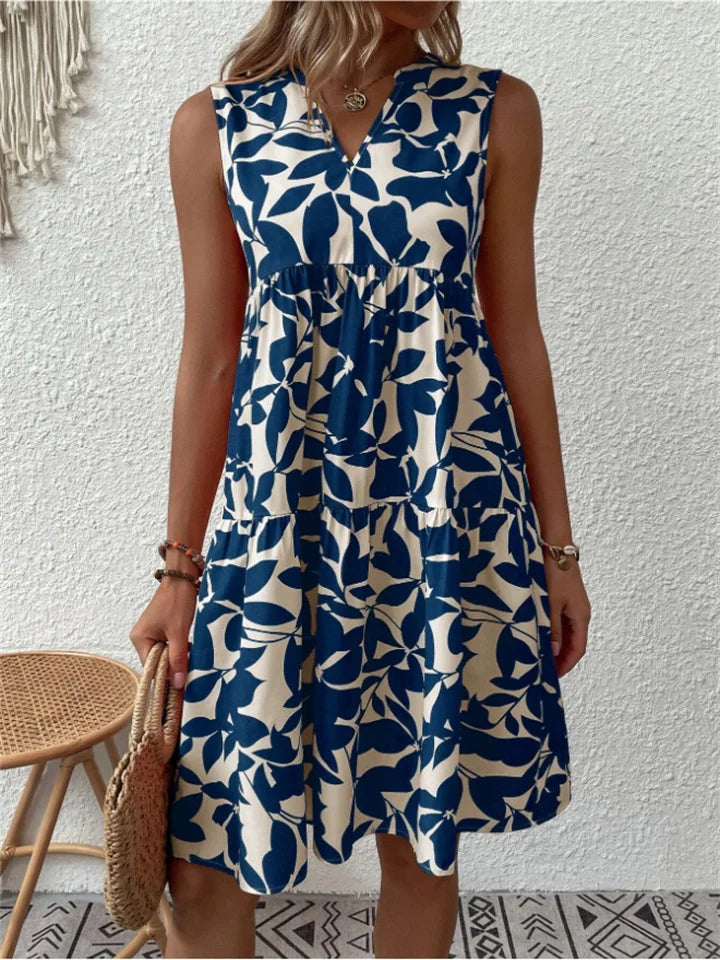 Ivy | Womens Botanical Leaf Print Sleeveless Tiered Dress