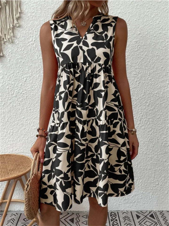 Ivy | Womens Botanical Leaf Print Sleeveless Tiered Dress