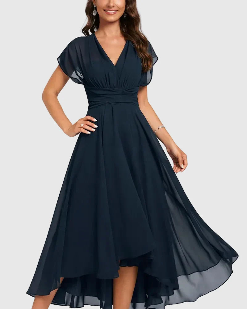 Aniela | Womens V-Neck Flutter Sleeve High-Low Cocktail Dress