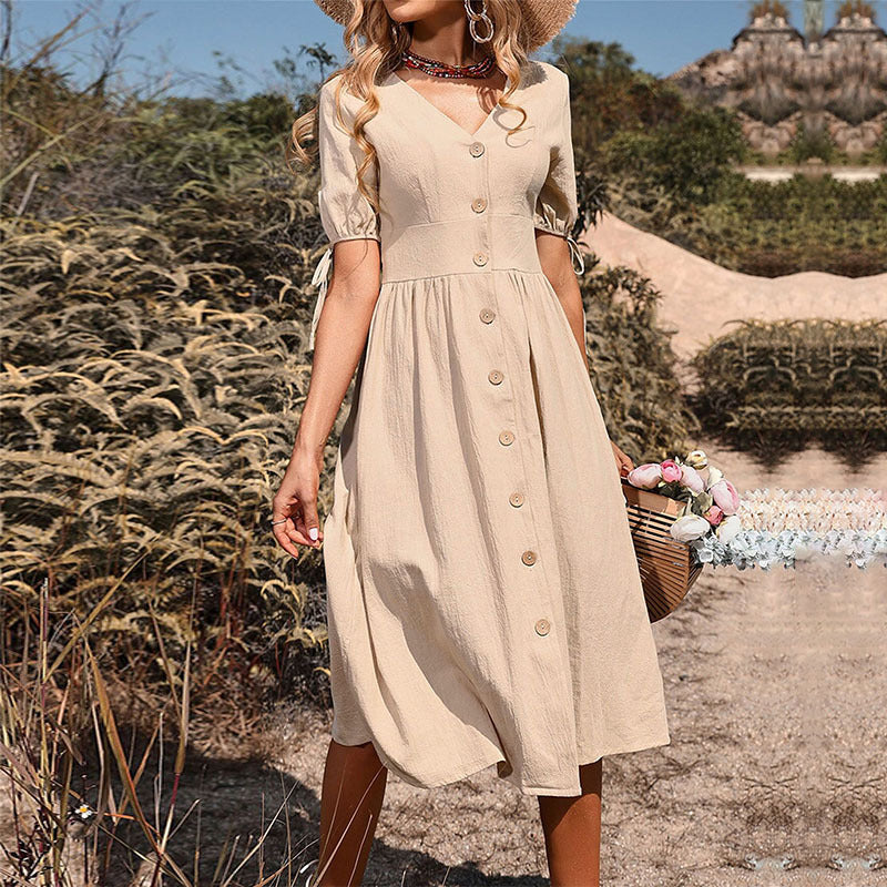 Hazel | Womens Button Front V-Neck Midi Dress