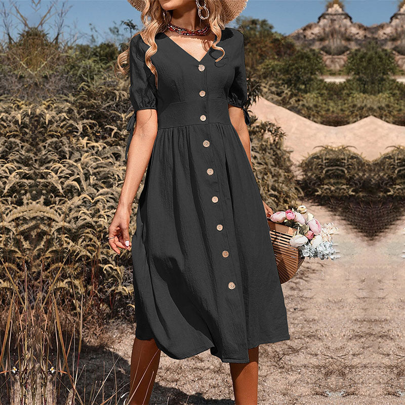 Hazel | Womens Button Front V-Neck Midi Dress