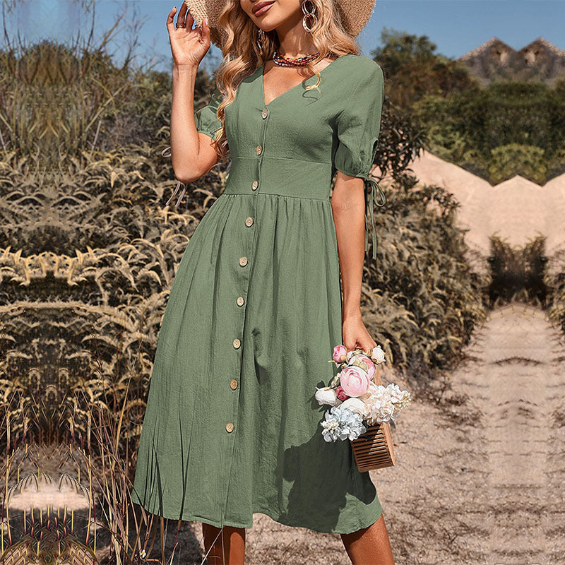 Hazel | Womens Button Front V-Neck Midi Dress