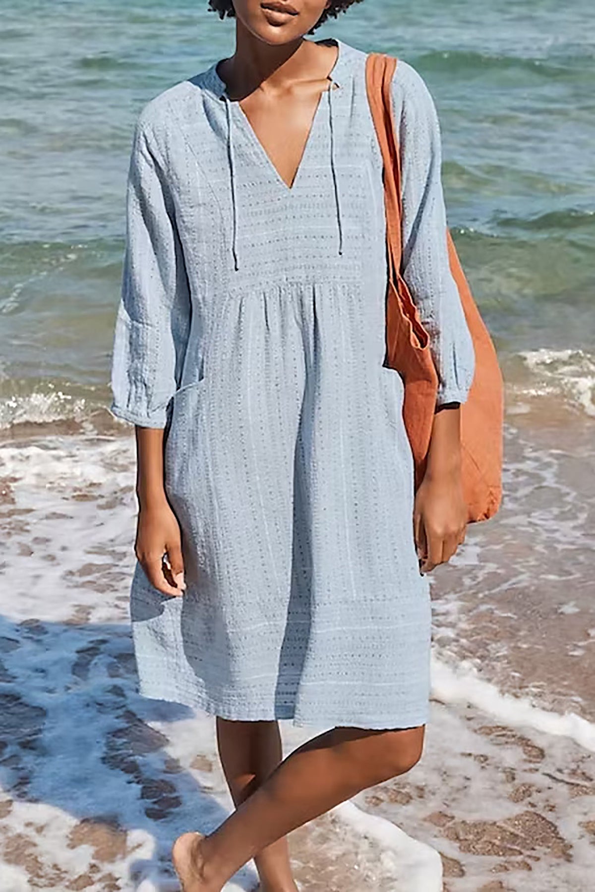 Effortless V-Neck Relaxed Midi Dress with Flattering Gathered Shape