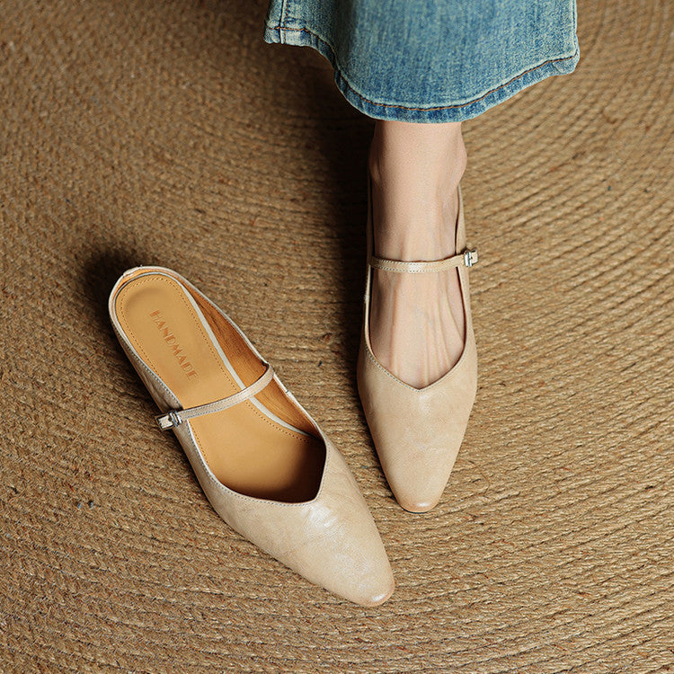 Sophie | Women's Pointed Toe Slingback Flats – Beige Buckle Shoes