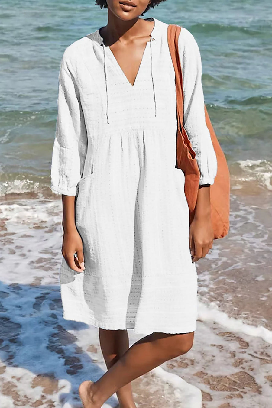 Effortless V-Neck Relaxed Midi Dress with Flattering Gathered Shape