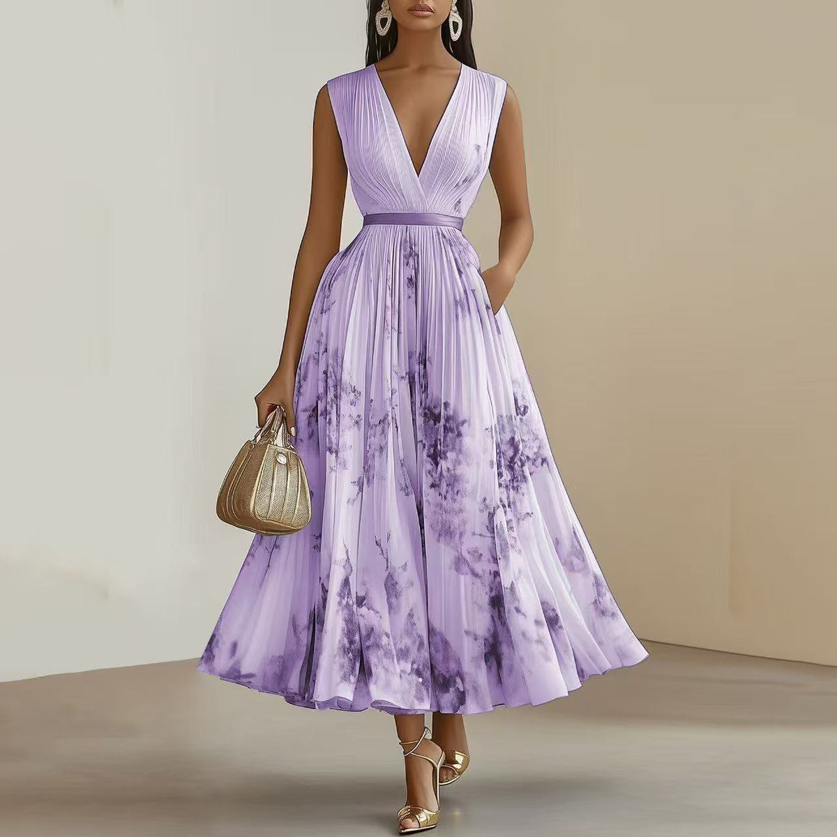 Cecilia | Womens Pleated Chiffon V-Neck Midi Dress