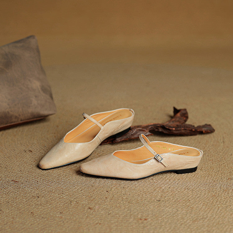 Sophie | Women's Pointed Toe Slingback Flats – Beige Buckle Shoes