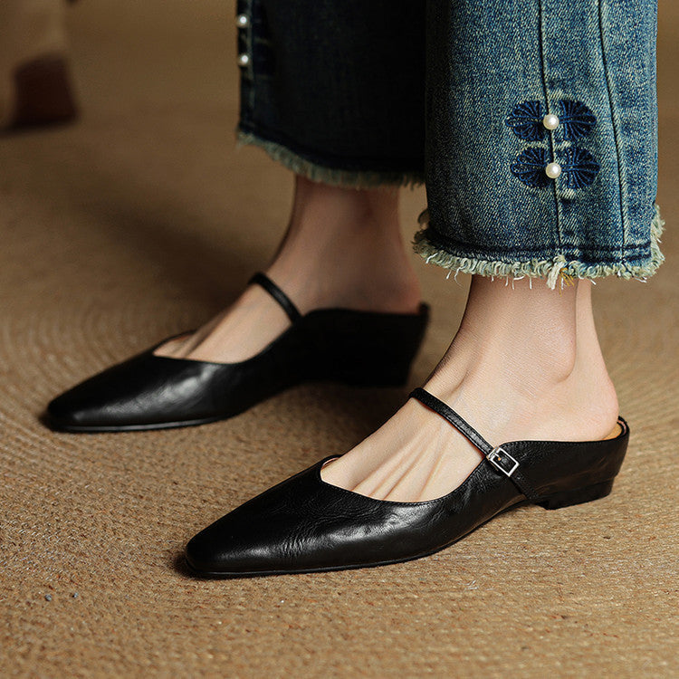 Sophie | Women's Pointed Toe Slingback Flats – Beige Buckle Shoes