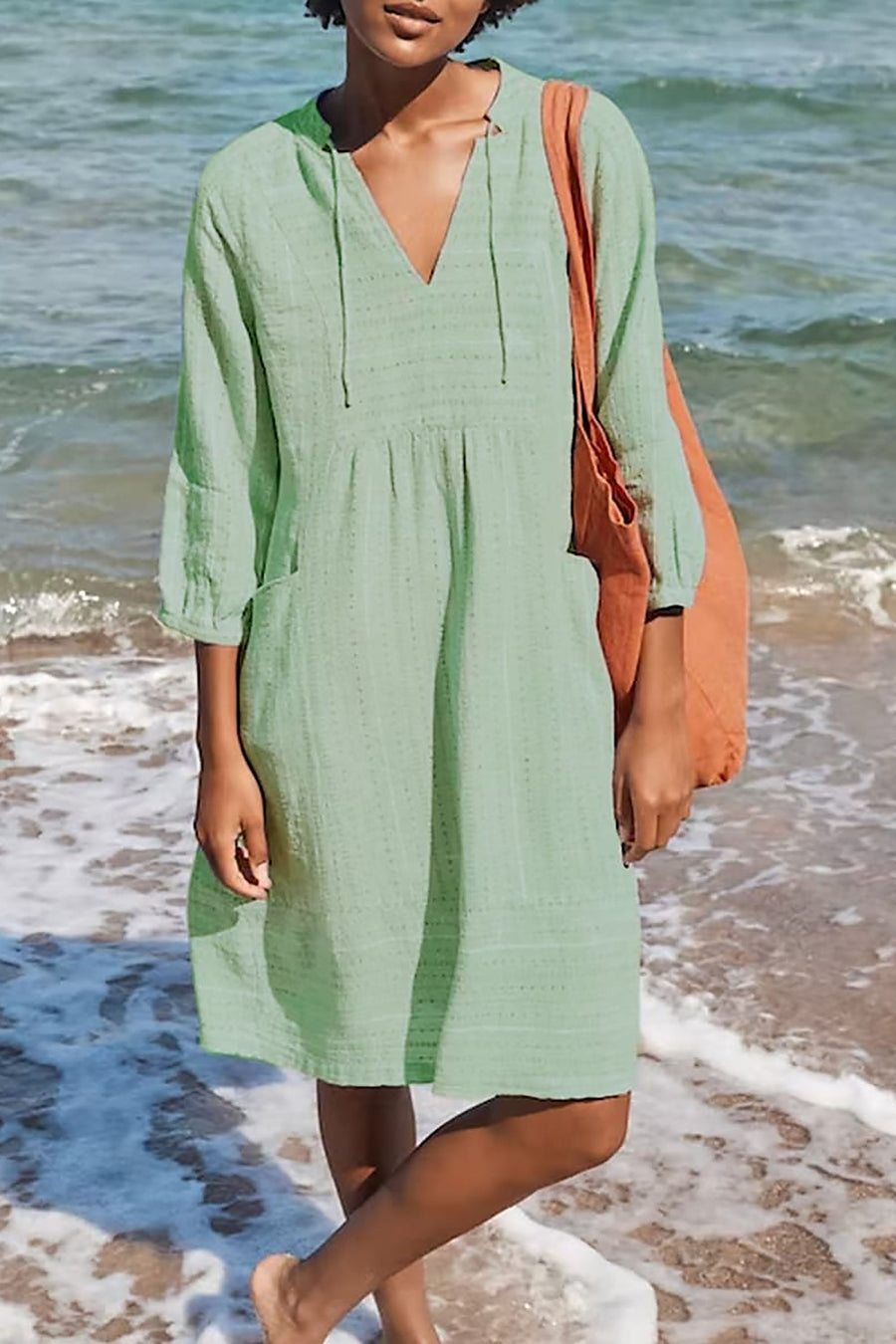 Effortless V-Neck Relaxed Midi Dress with Flattering Gathered Shape
