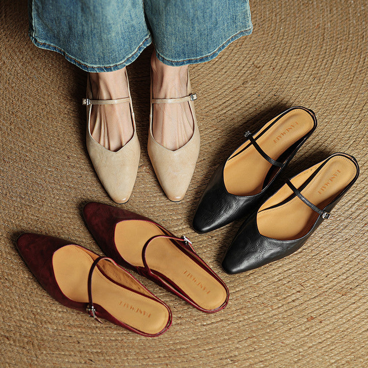 Sophie | Women's Pointed Toe Slingback Flats – Beige Buckle Shoes