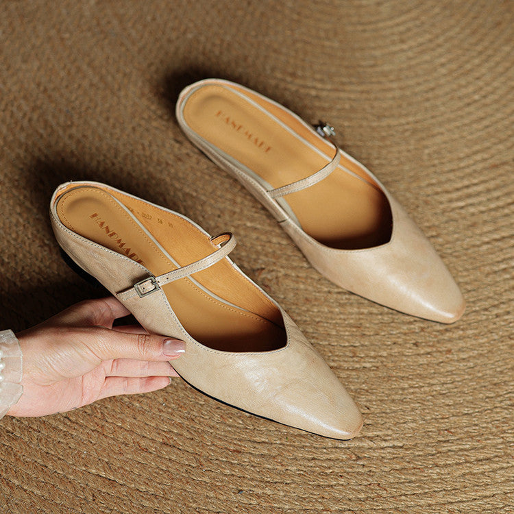 Sophie | Women's Pointed Toe Slingback Flats – Beige Buckle Shoes