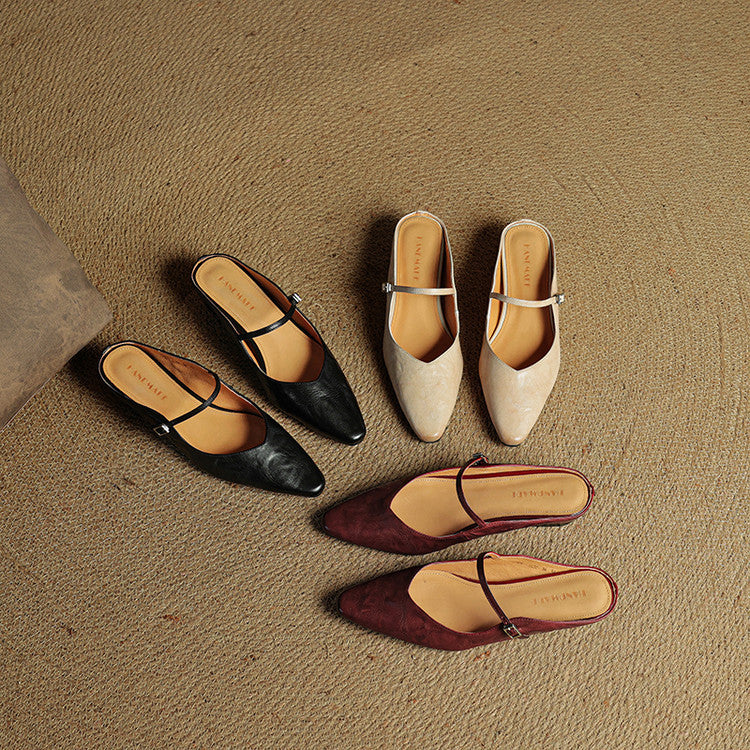 Sophie | Women's Pointed Toe Slingback Flats – Beige Buckle Shoes