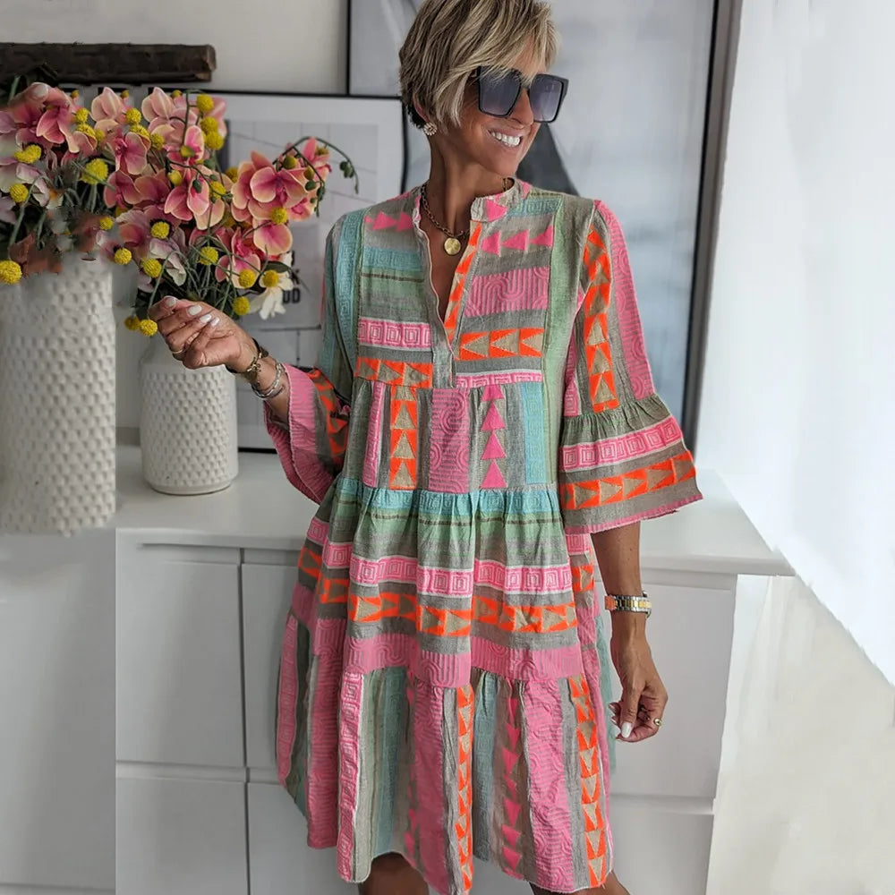 Willa | Womens Bell Sleeve Print Tiered Dress