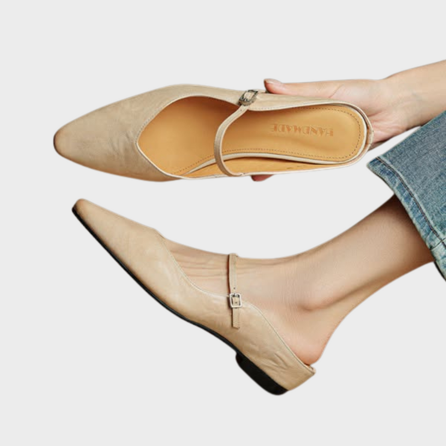 Sophie | Women's Pointed Toe Slingback Flats – Beige Buckle Shoes