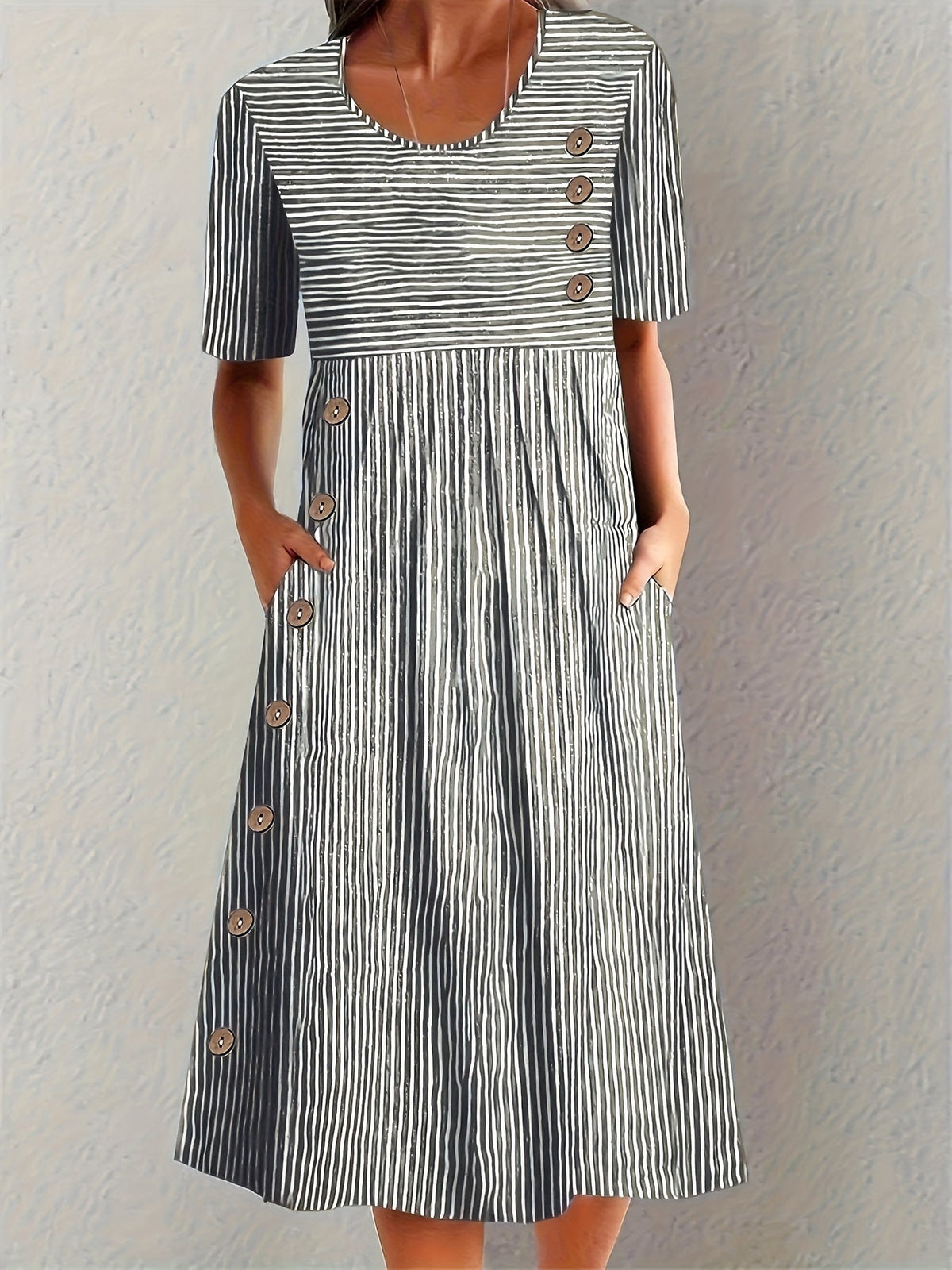 Women's Striped Button-Detail Midi Dress with Pockets