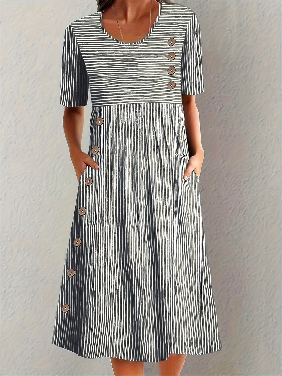 Women's Striped Button-Detail Midi Dress with Pockets