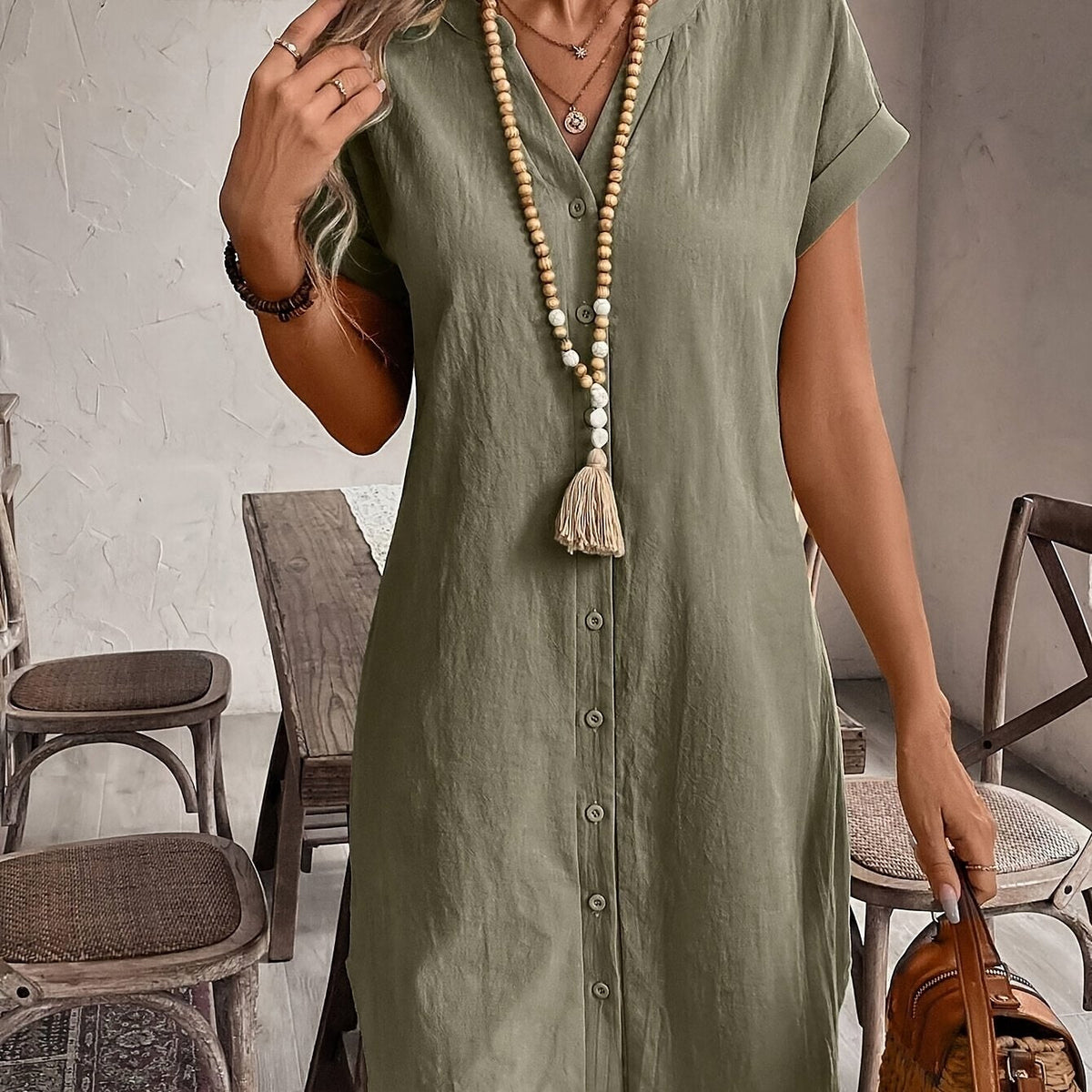 Skye | Womens Linen Look Button Front Shirt Dress