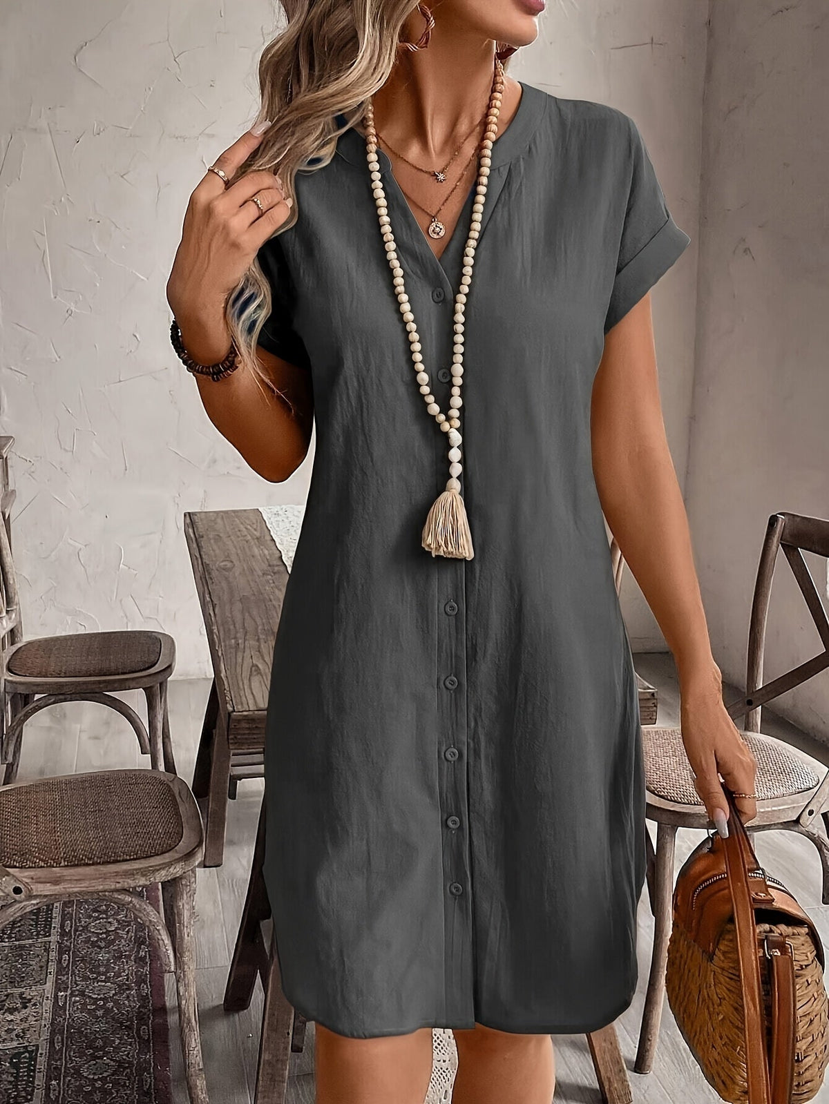 Skye | Womens Linen Look Button Front Shirt Dress
