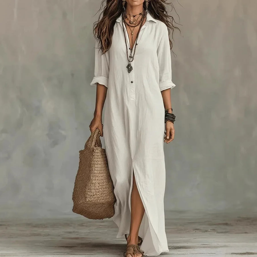 Willow | Womens Linen Blend Button Placket Maxi Shirt Dress