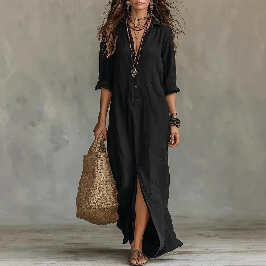 Willow | Womens Linen Blend Button Placket Maxi Shirt Dress