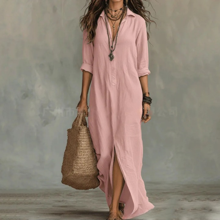 Willow | Womens Linen Blend Button Placket Maxi Shirt Dress