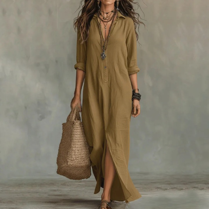 Willow | Womens Linen Blend Button Placket Maxi Shirt Dress