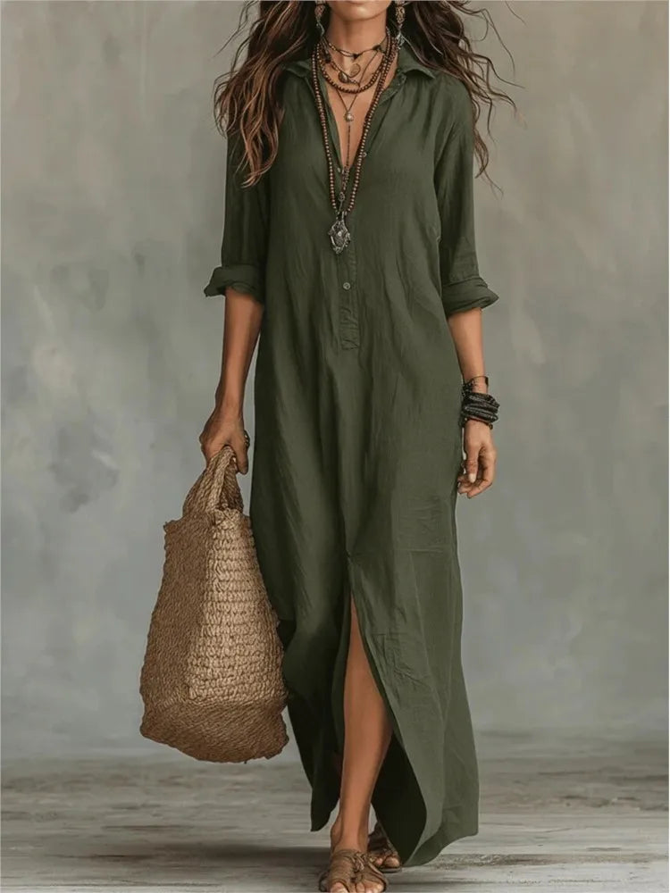 Willow | Womens Linen Blend Button Placket Maxi Shirt Dress