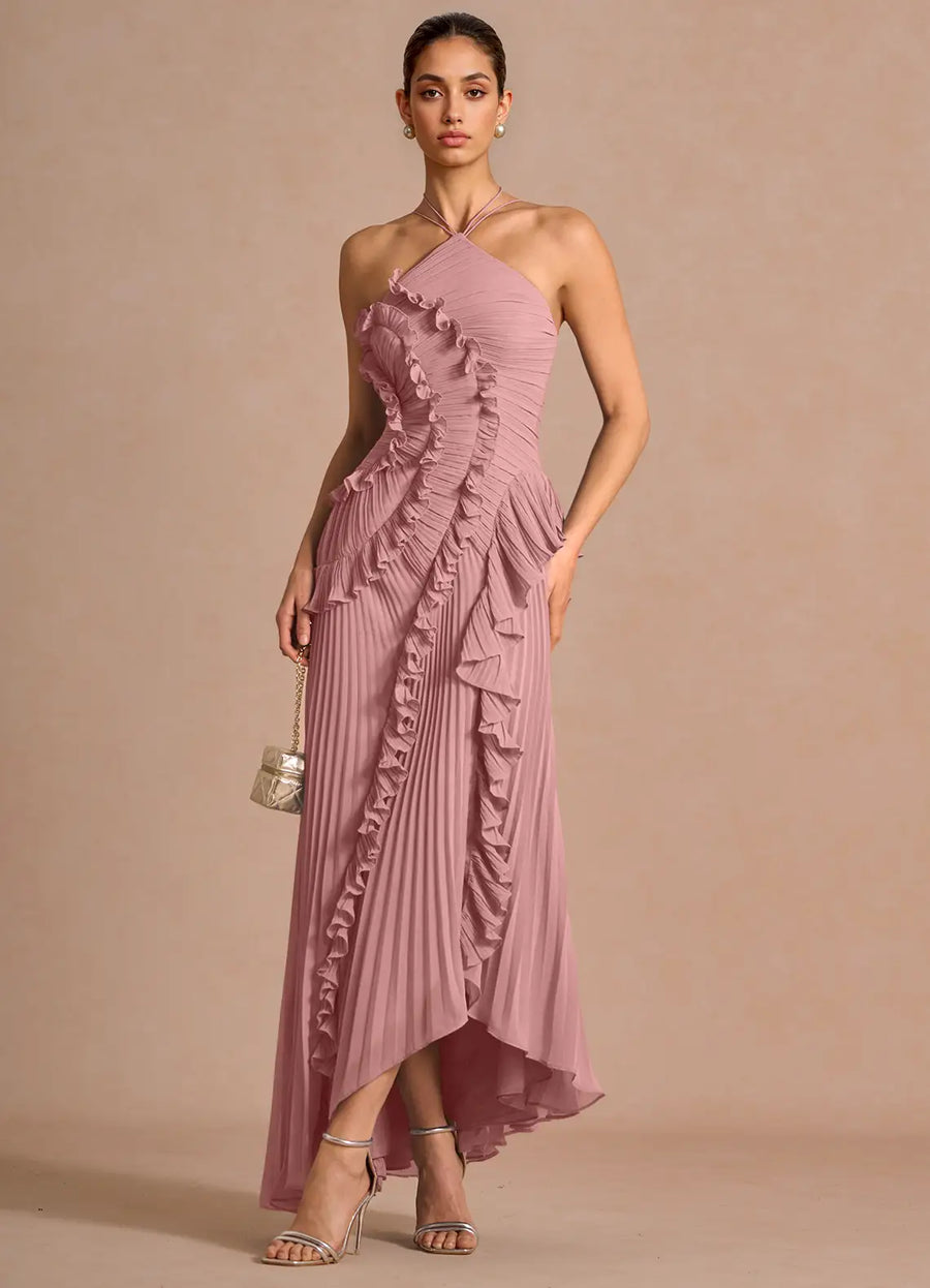 Adalyn | Womens Halter Neck Ruffle Maxi Dress
