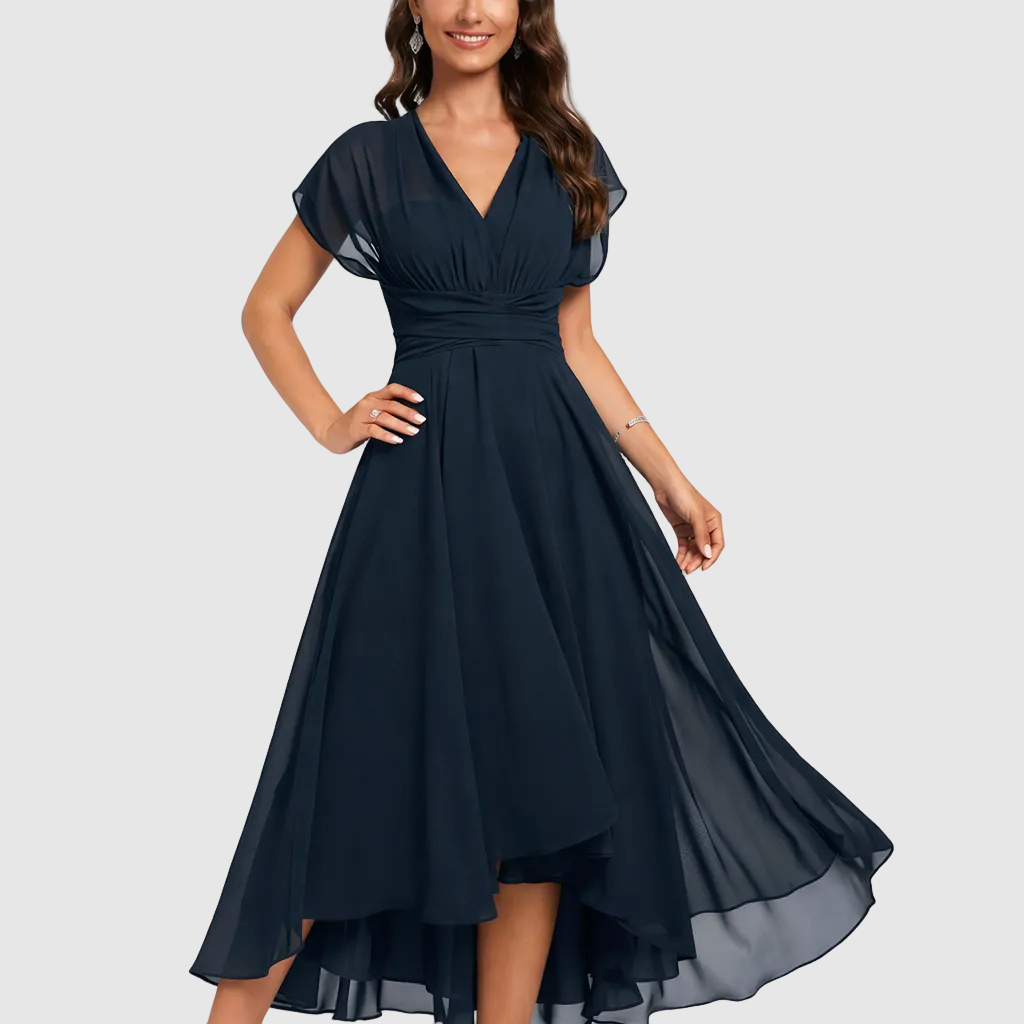 Aniela | Womens V-Neck Flutter Sleeve High-Low Cocktail Dress