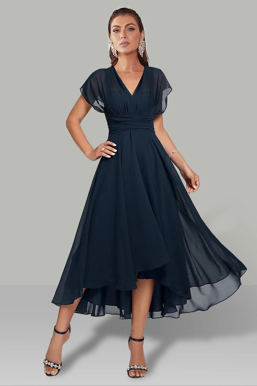 Aniela | Womens V-Neck Flutter Sleeve High-Low Cocktail Dress