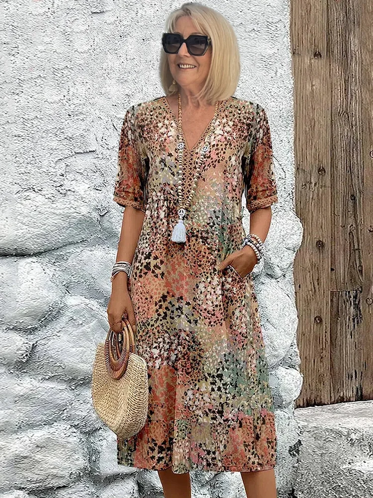 Margaret | Red Floral V-Neck Midi Dress