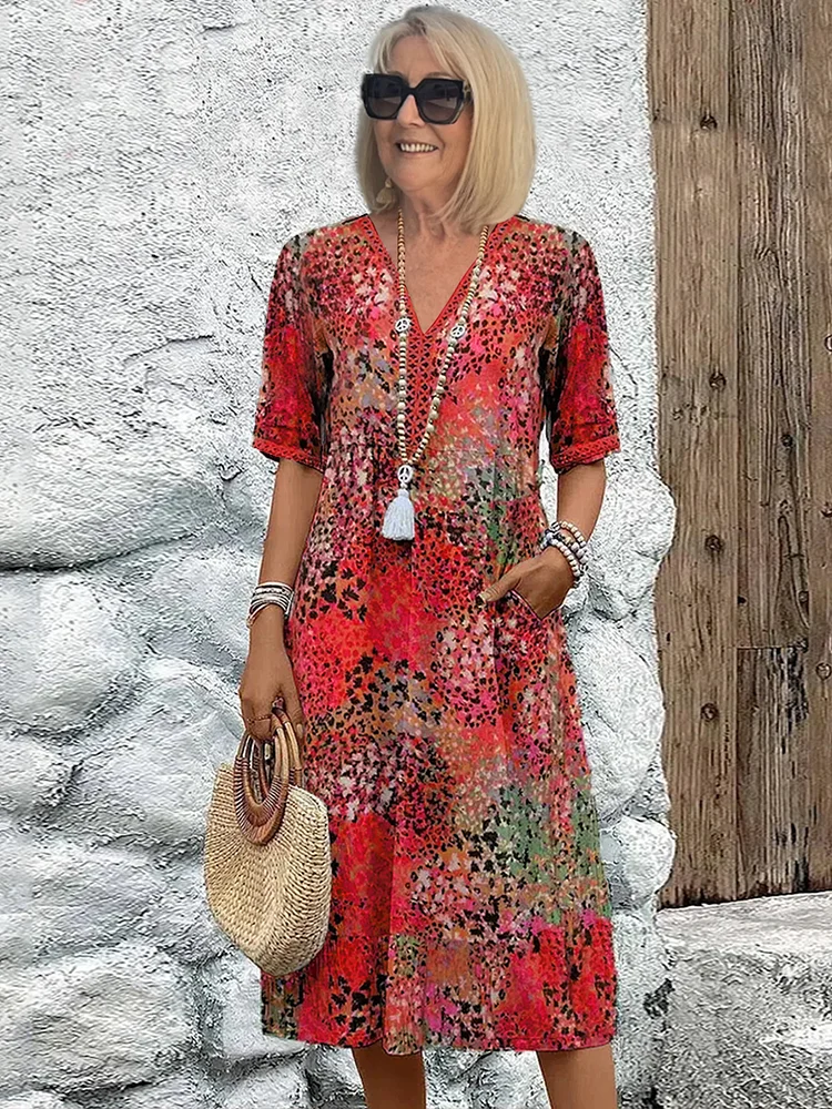 Margaret | Red Floral V-Neck Midi Dress