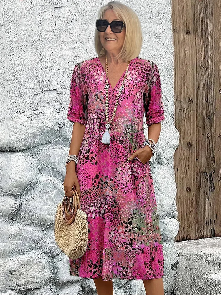 Margaret | Red Floral V-Neck Midi Dress