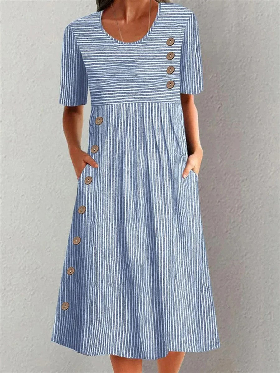 Women's Striped Button-Detail Midi Dress with Pockets