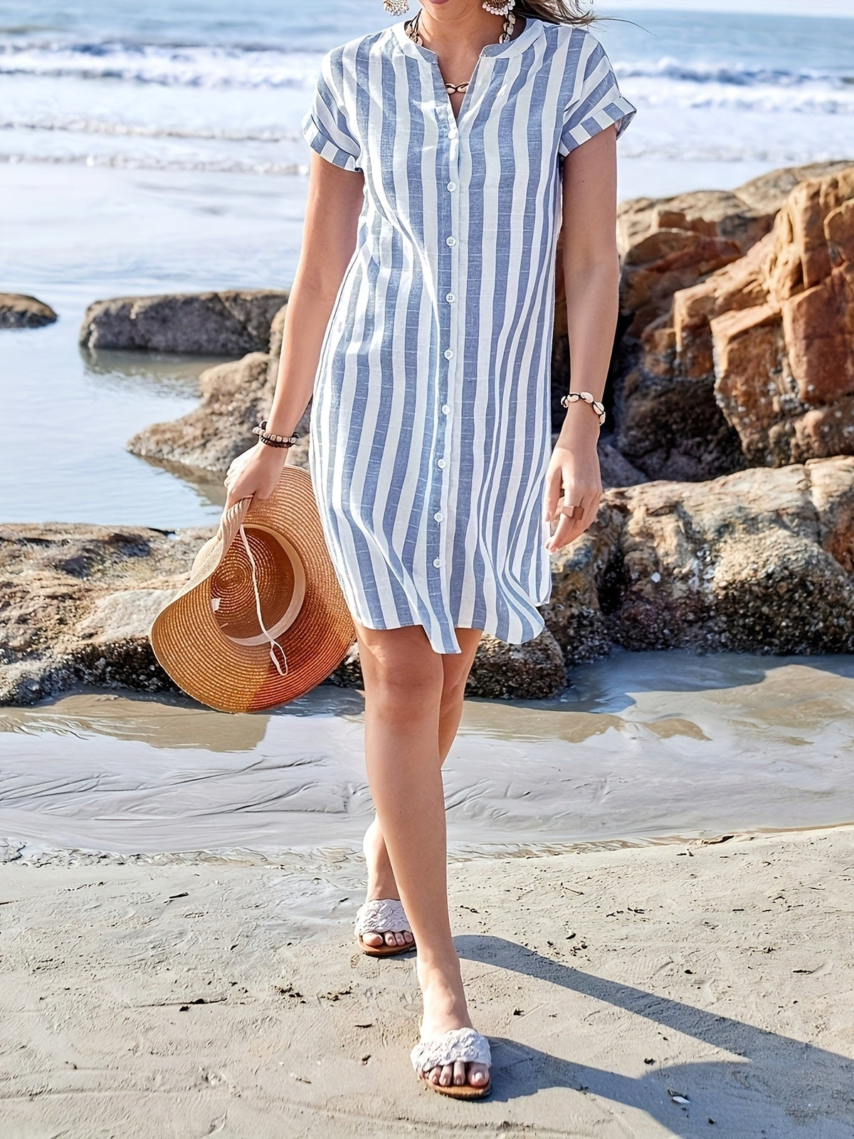 Coral | Womens Striped Button Front Shirt Dress