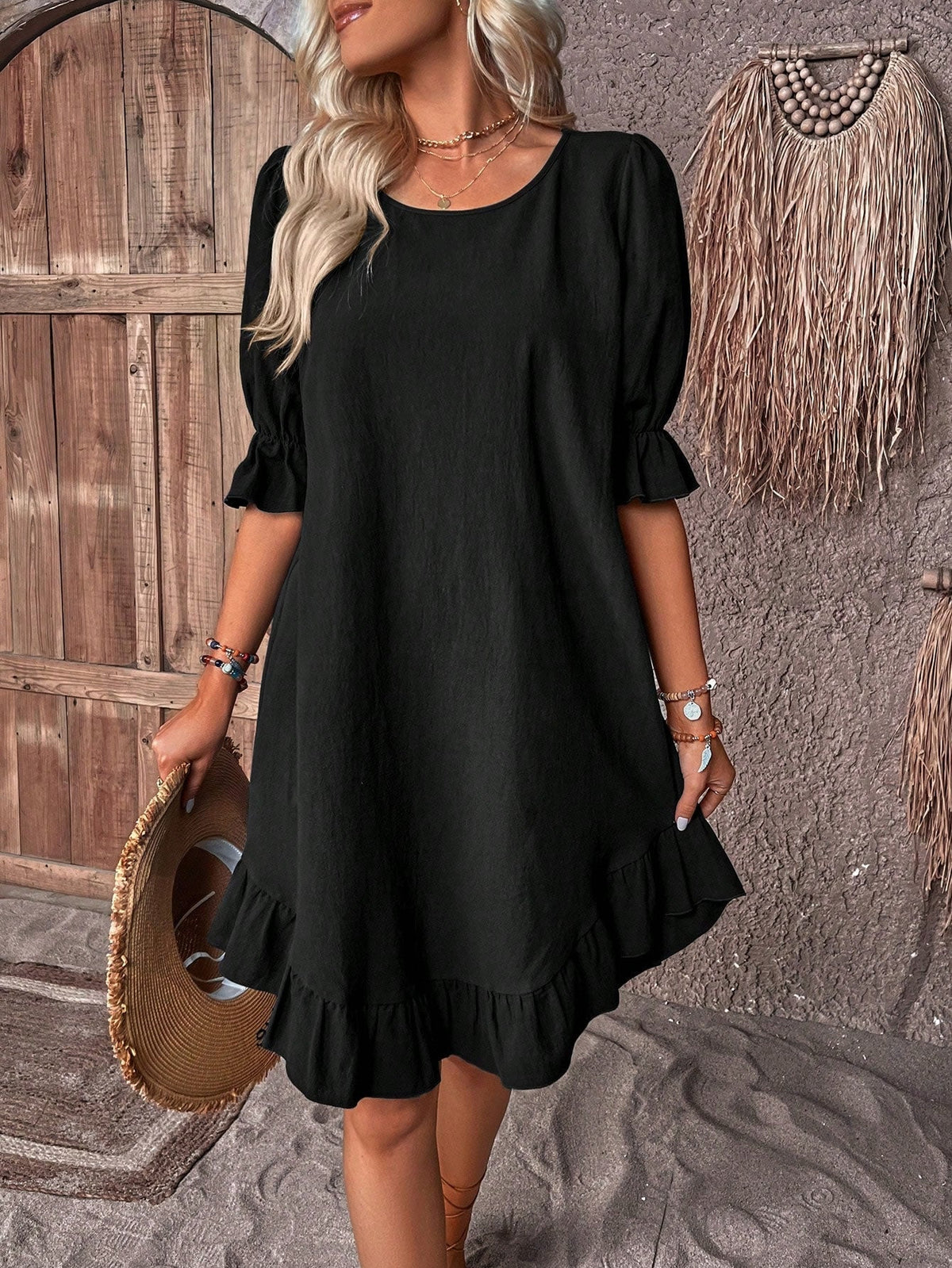 Nova | Womens Puff Sleeve Ruffle Hem Mini Dress