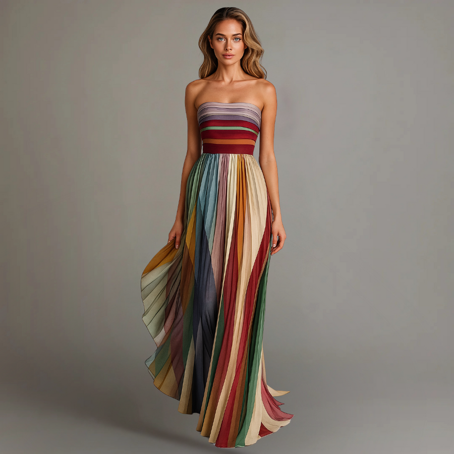 Sienna | Womens Pleated Strapless Multicolour Maxi Dress