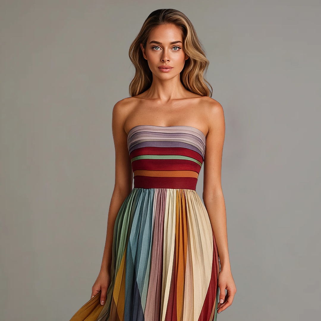 Sienna | Womens Pleated Strapless Multicolour Maxi Dress