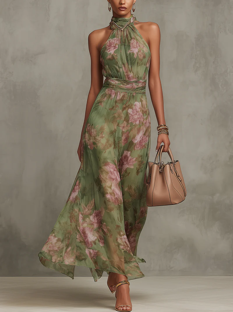 Meadow | Womens Halter Neck Floral Print Chiffon Maxi Dress