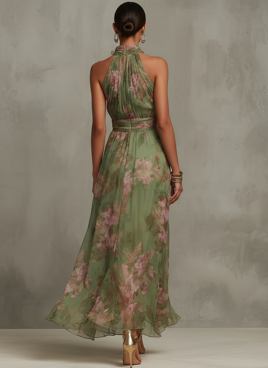 Meadow | Womens Halter Neck Floral Print Chiffon Maxi Dress