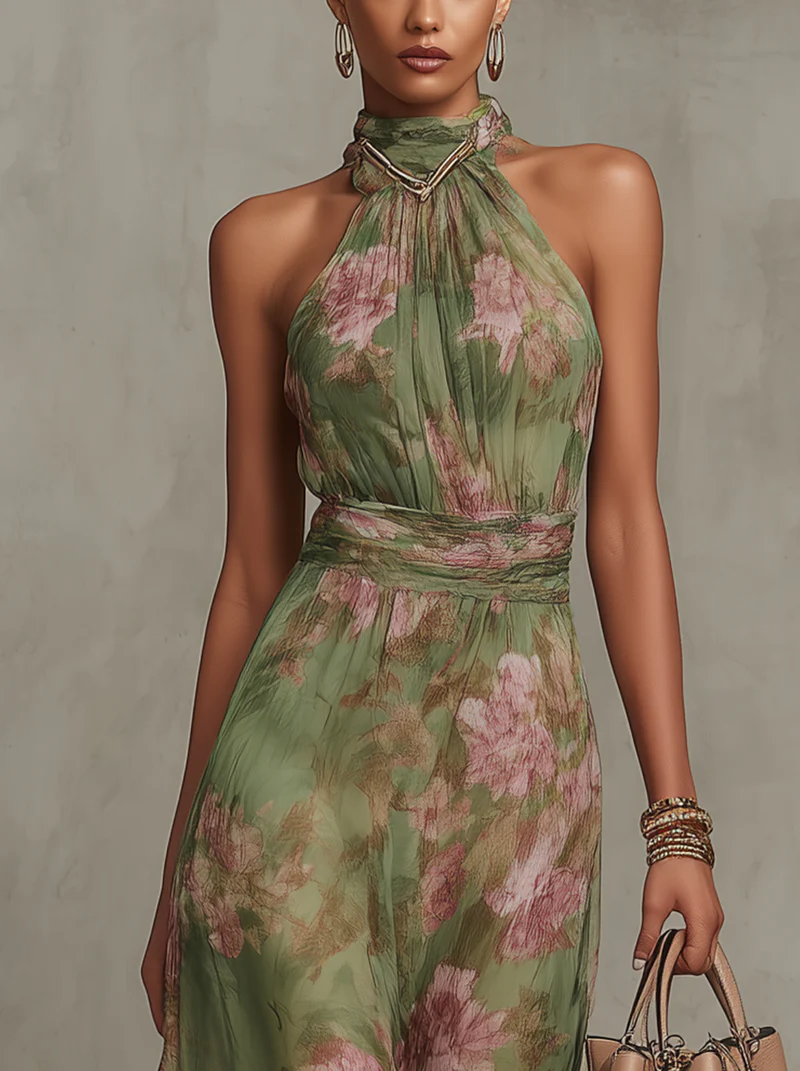 Meadow | Womens Halter Neck Floral Print Chiffon Maxi Dress
