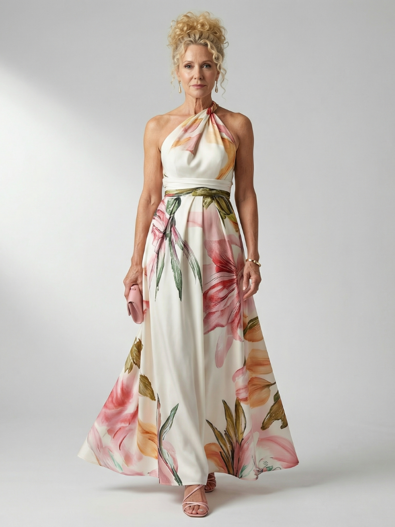 Adriana | Womens Halter Neck Floral Print Belted Maxi Dress