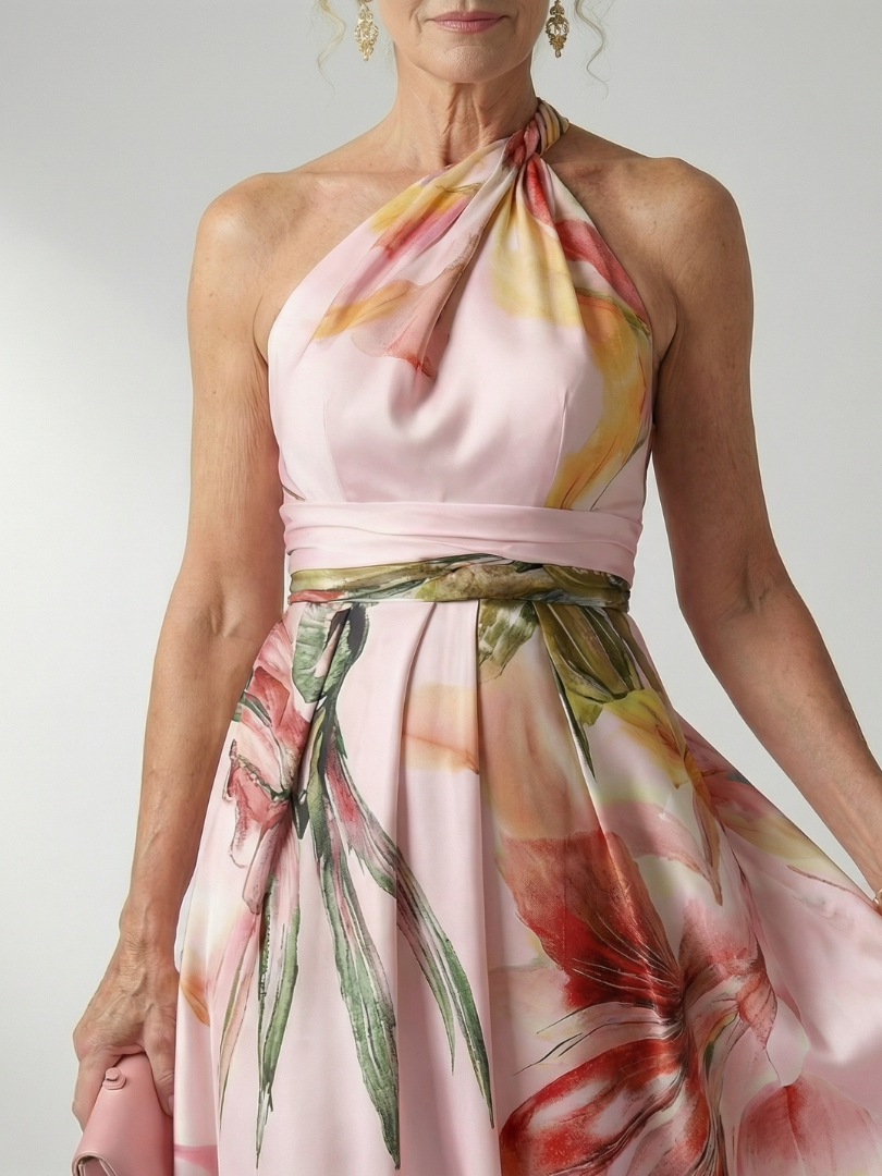 Adriana | Womens Halter Neck Floral Print Belted Maxi Dress