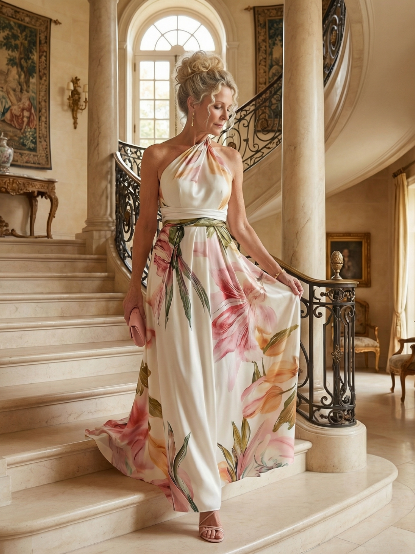 Adriana | Womens Halter Neck Floral Print Belted Maxi Dress